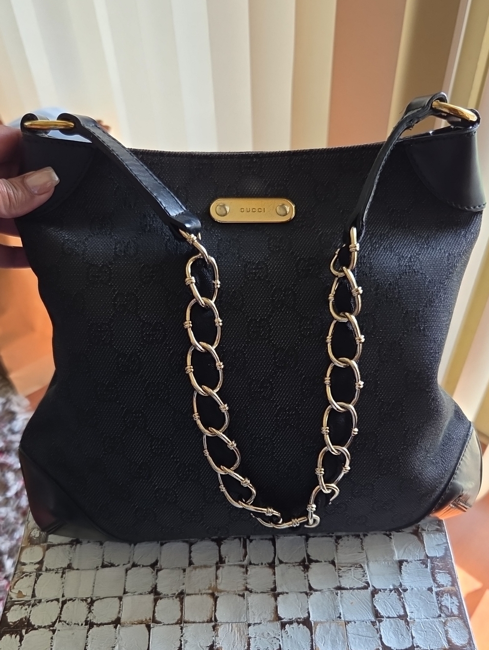 Gucci Capri Black Denim Chain-Handle Shoulder Bag
